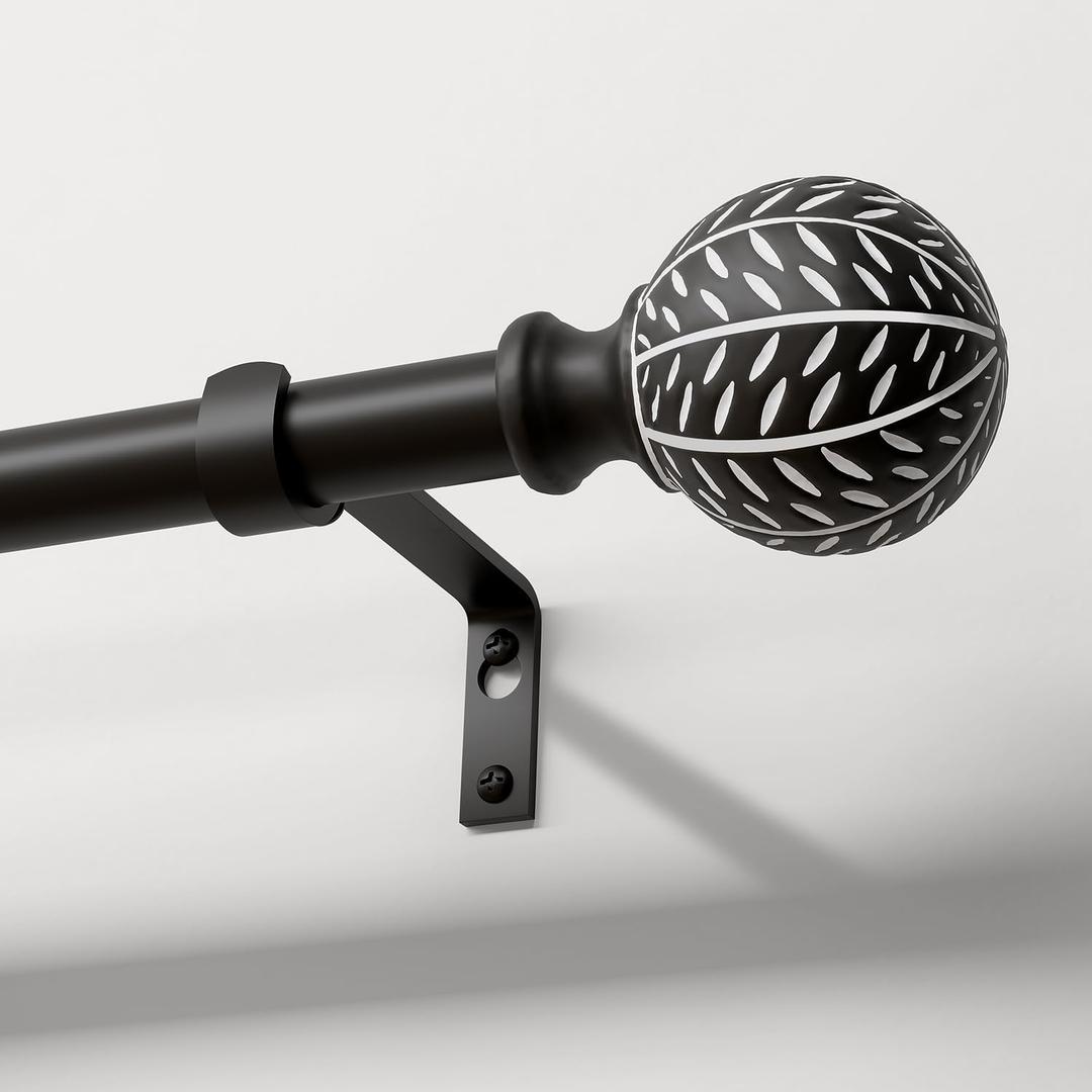 Black Curtain Rods for Windows 48 to 84 Inch,1'' Diameter Drapery Rods with Leaf Pattern Finials,Decorative Adjustable Heavy Duty Curtain Rods Set,36-88''