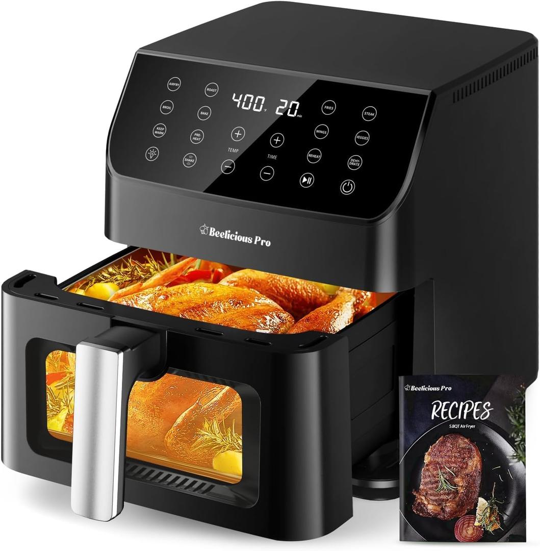Beelicious Large AirFryer, 12-in-1 Digital Airfryer with Window, Dishwasher Safe, 5.8Qt, 40+ Recipes, Flavor-Lock Tech, Shake Reminder, Compact, Quiet, Nonstick Air Fryers. Black
