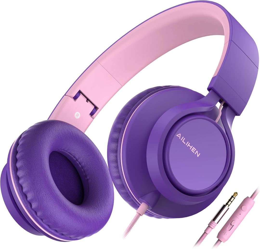 AILIHEN C8 Girls Headphones, On-Ear Headphones Wired with Microphone and Volume Control Foldable Corded Stereo 3.5mm Headset for Girls School Chromebook Laptop Computer PC Tablets Travel (Purple Pink)