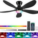 Ceiling Fans with Lights and Remote/APP Control, 44 inch Low Profile Ceiling Fans with Dimmable White Colors and RGB Lighting, 6 Speeds 5 Curved Blades for Kids Room Bedroom Bar, Black