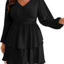 RWJ Plus Size Dresses for Curvy Women V Neck Long Sleeve Elastic Waist Fall Wedding Guest Layer Casual Mini Dress (Black, L)