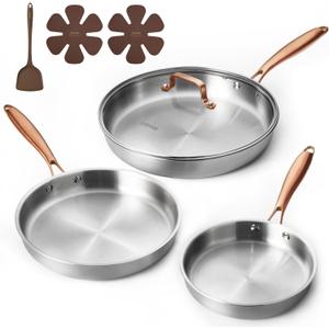 CAROTE 7-Piece Tri-Ply Stainless Steel Frying Pan Set, Skillet Set 8"/10"/12", Induction Compatible, Oven & Dishwasher Safe, Gold Handle