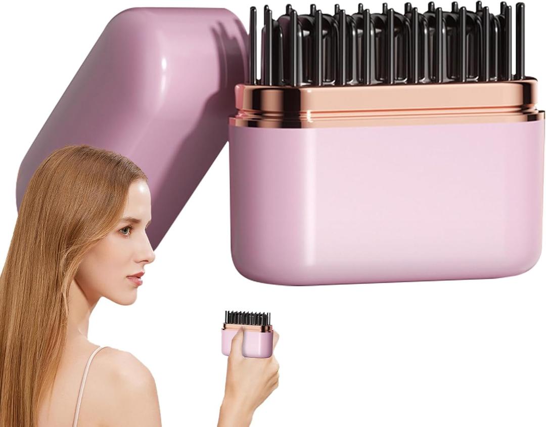 Womens Portable Hair Straightener - Cordless Heat Comb Brush, Negative Ions Styling Tool | USB Rechargeable Lightweight Device, Three Temperature Hot Comb, Effortless Smoothing Equipment, Quick Hair (Pink)