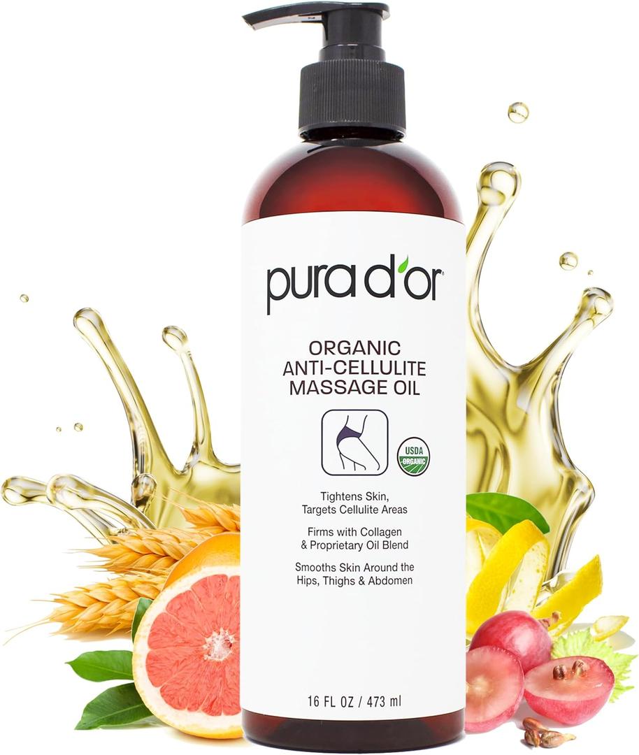 PURA DOR 16 Oz Organic Anti-Cellulite Massage Oil for Toned Legs and Butt - Lemon Peel, Moringa, Grape Seed, Grapefruit & Eucalyptus Oils - Skin Firming & Tightening