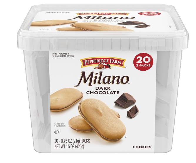 Pepperidge Farm Milano Cookies, Dark Chocolate, 20 Packs Tub, 2 Cookies Per Pack(BBD: 03/29/2026)