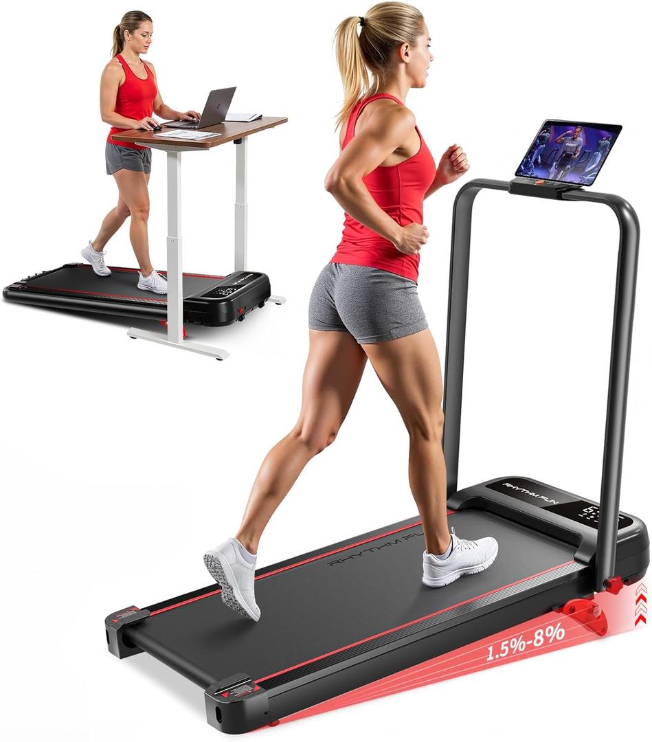 RHYTHM FUN Treadmill with Incline, Walking Pad with Handle Bar, 300lbs Walking Pad with APP, Portable Folding Walking Treadmills for Home/Office with Low Noise, 8% Incline 5.0MPH Treadmill