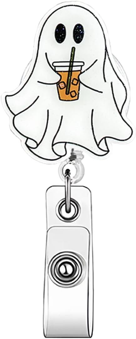 4 x Fall Halloween Badge Reel Cute Ghost Badge Reels Retractable Fall Badge Clip Acrylic Retractable Badge Holder with 360 Rotating Alligator Clip, Funny ID Badge Holder for Nurse Doctor Teacher Student