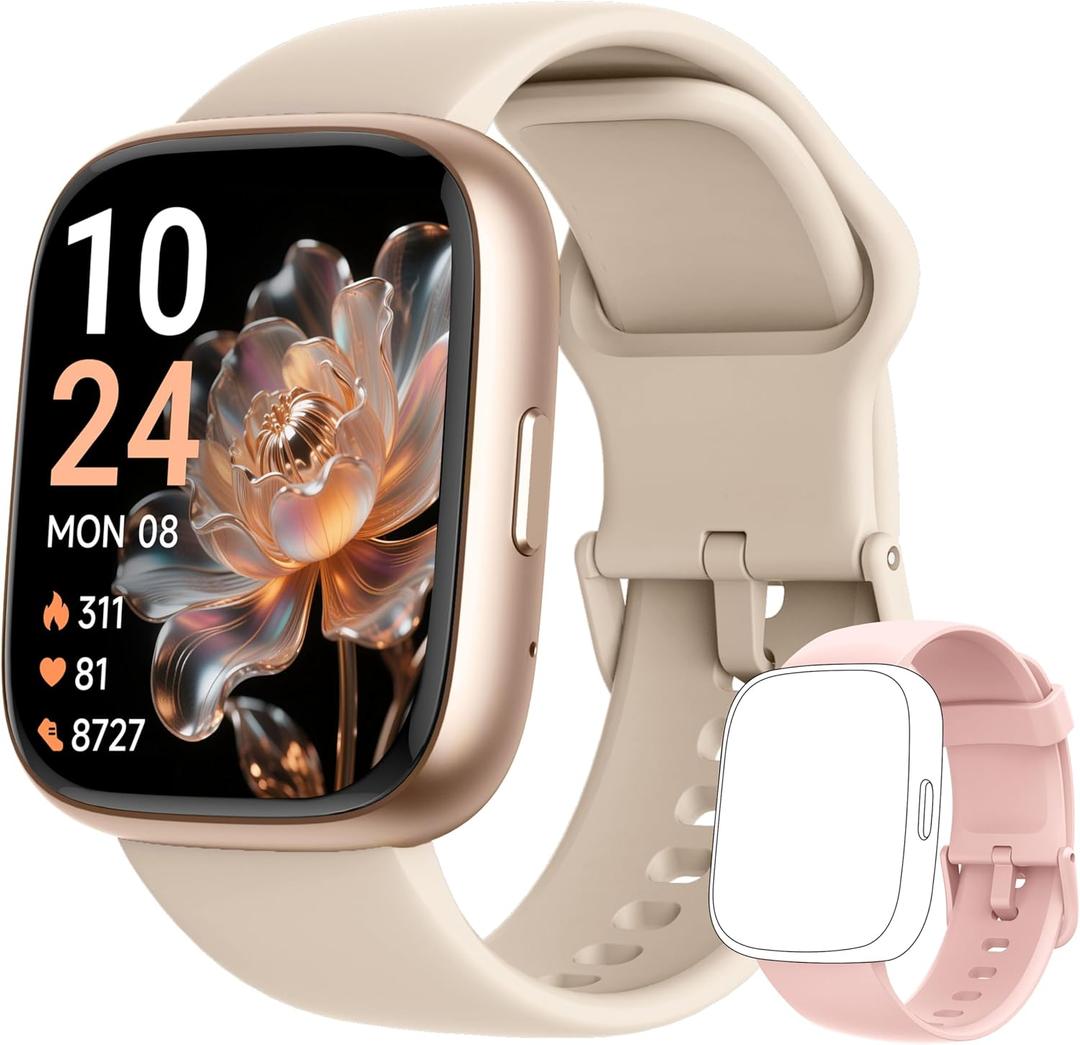 Smart Watch 2026 Upgrade for Women Men Android & iPhone [2 Bands, 44mm case, 1.83''], Alexa Built-in, Make/Answer Call, HR SpO2 Sleep Stress Monitor Fitness Tracker, IP68 Waterproof Step Counter Watch (Beige)