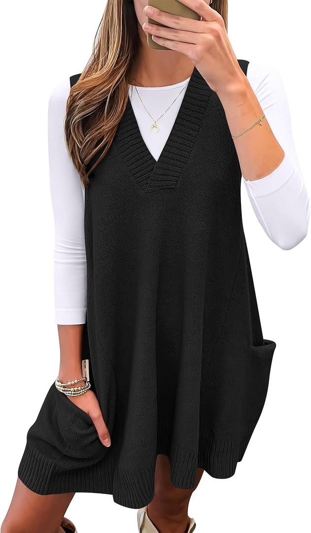 Caracilia Womens Sweater Vest Dress Wool Blend V Neck Sleeveless Loose Fit Casual 2025 Fall Short Tank Dresses with Pockets (X-Large, Black)
