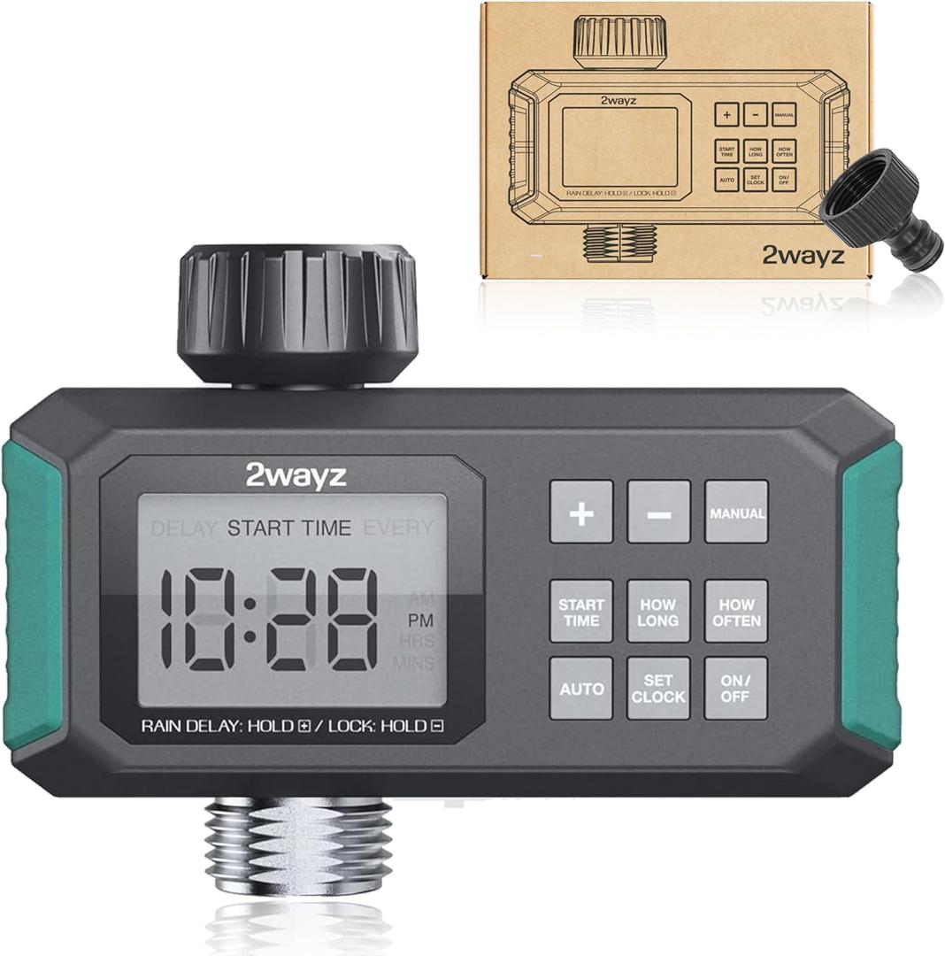 2WAYZ Water Timer for Hose - Automatic Sprinkler Timer with Heavy Duty Threads - 3/4-Inch Inlet and Outlet Swivel Connection - Water for Garden Hose with Rain Delay Options - Green