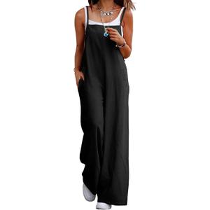 YESNO Women's Summer Boho Casual Jumpsuits Wide Leg Overalls Floral Print Baggy Rompers with Pocket 3XL PZZCR Solid Black (Black, XXXL)
