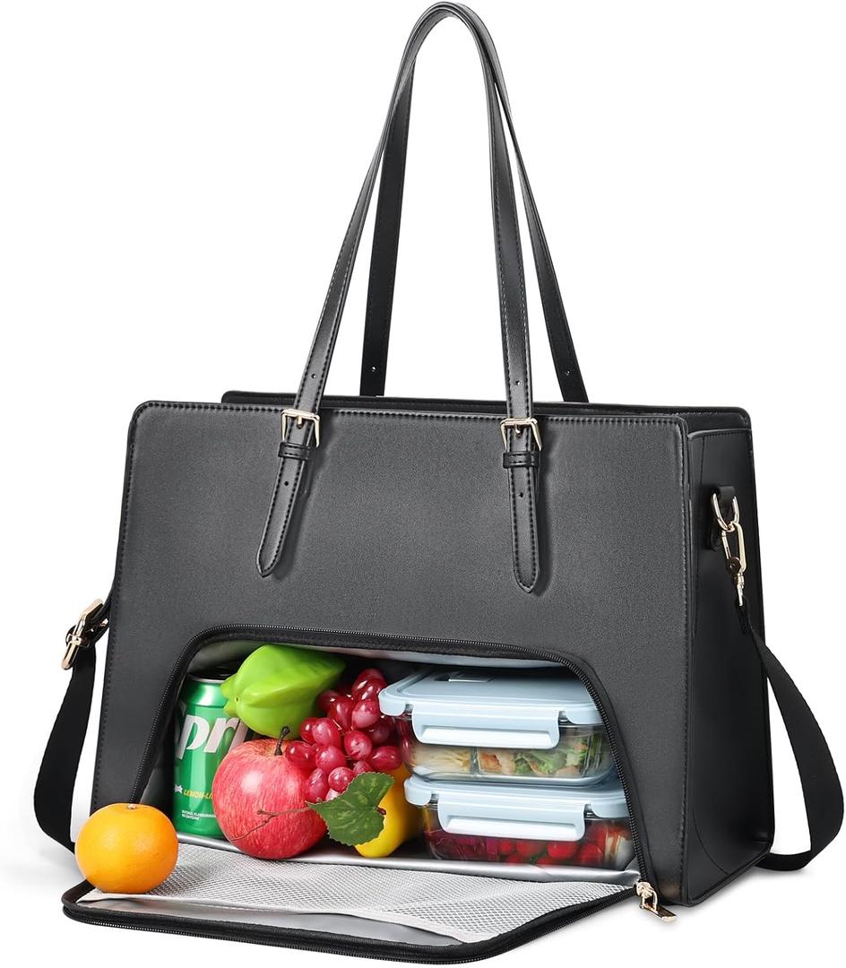BERTASCHE Laptop Tote Bag with Insulated Lunch Compartment, 15.6 Inch PU Leather Work Bag Computer Briefcase for Women, Waterproof Laptop Shoulder Handbag for Business,Office,Work, Black