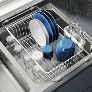 Dish Drying Rack in Sink, Small Dish Drainers for Inside Sink, Over The Sink Dish Racks, Stainless Steel Sink Drying Rack with Utensil Holder, White