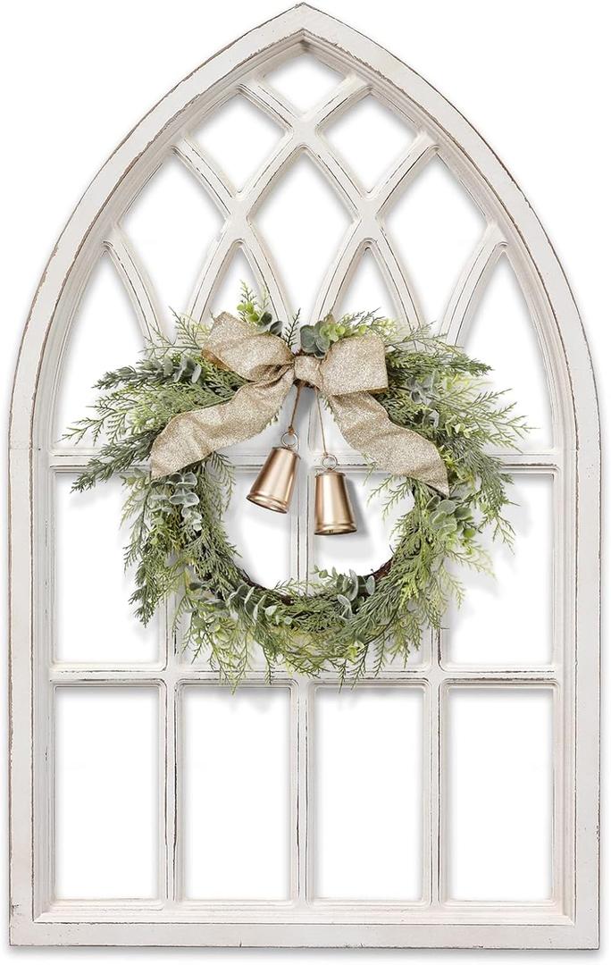 Sintosin Rustic Arched Window Frame 20 x 32 Inch, Hanging Distressed White Window Pane Wall Decor, Farmhouse Window Frame Decor, Wooden Cathedral Window Frames for Wall Decor Living Room Christmas