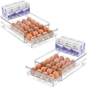 vacane 24 Capacity Egg Holder for Refrigerator, Egg Drawer for Fridge Pull Out Egg Storage Container with Non-Slip Pads Clear Egg Tray Egg Organizer - 2 Pack