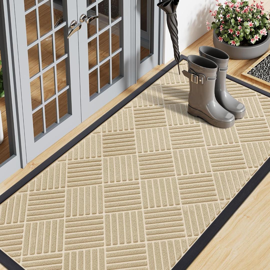 Smiry Front Door Mat Outside Entrance, Heavy Duty Outdoor Indoor Natural Rubber Doormat, Non Slip, Trap Dirt and Moisture, Easy Clean, Low Profile Patio Porch Entryway Mat, 71x23, Beige