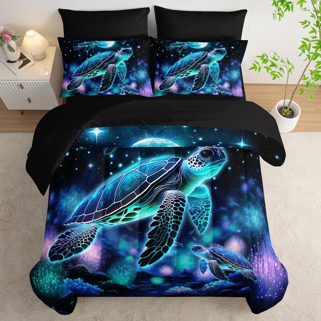 AILONEN Blue Turtle Comforter Set Queen Size,7-Piece Soft Bed in a Bag,Fairy Ocean Sea Turtle Comforter & Fitted Sheet with Flat Sheet & 2 Pillowcases,2 Pillow Shams for Bedroom