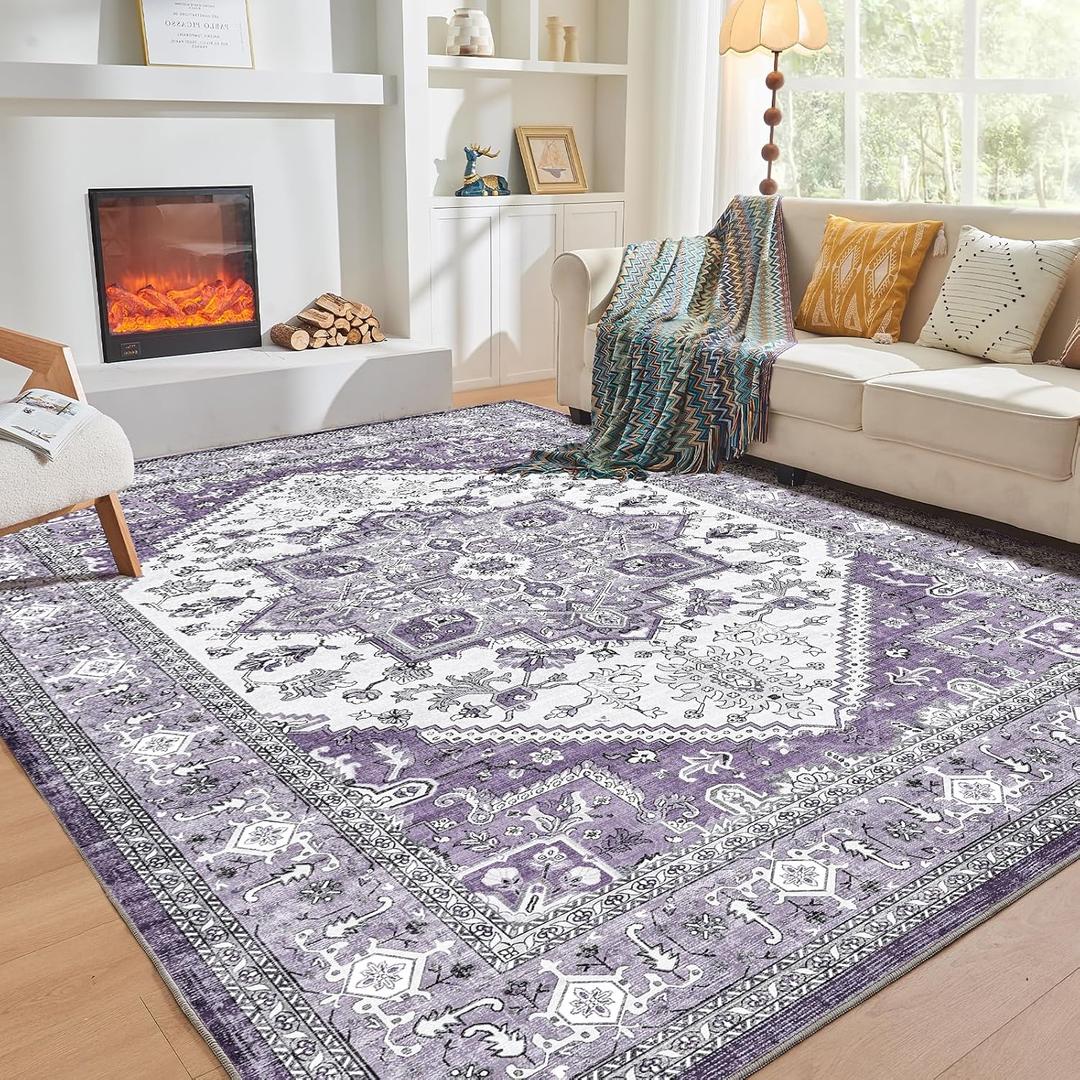 OPPODREAM Soft 8'x10' Area Rugs, Washable Rugs 8'x10' with Non Slip Backing, Faux Cashmere Low-Pile 8' x 10' Carpet, Purple