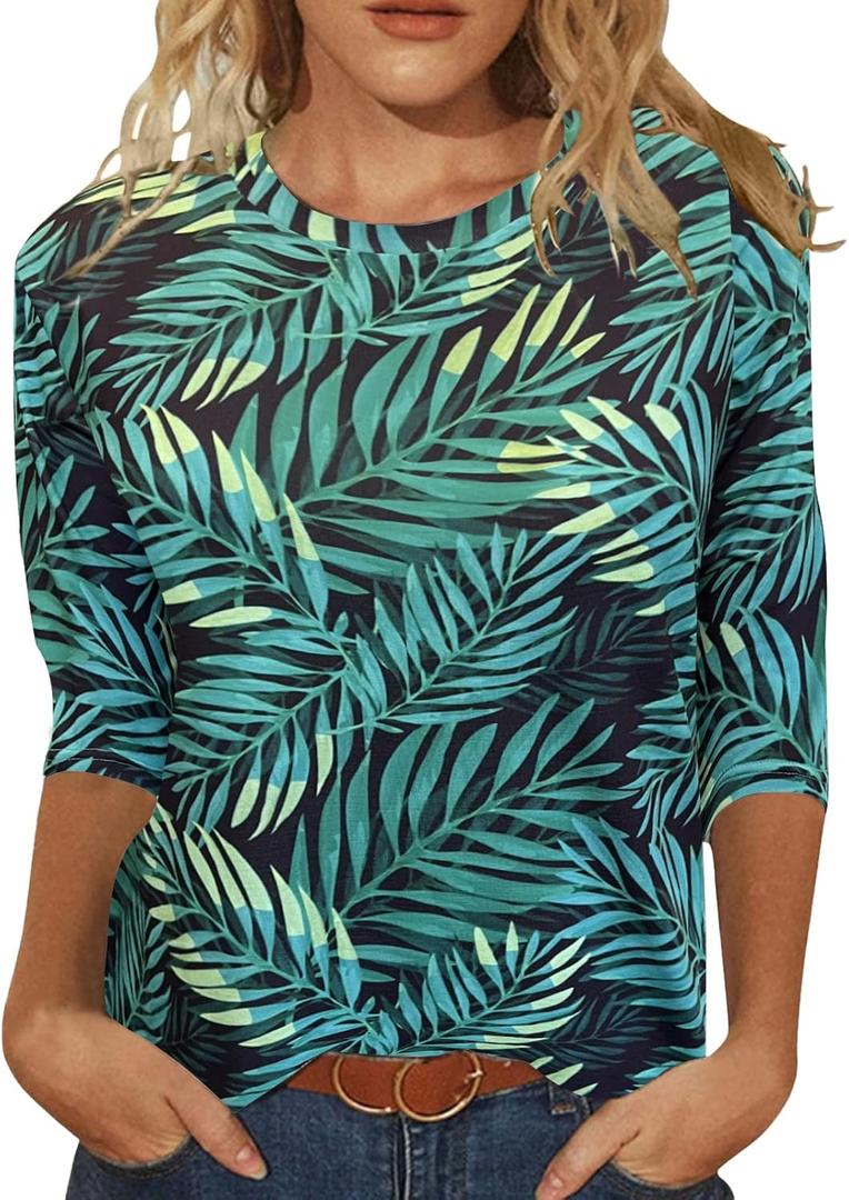 JomeDesign Womens Tops 3/4 Sleeve Shirts Round Neck Loose Casual Blouses Floral Print Tshirts, Size L