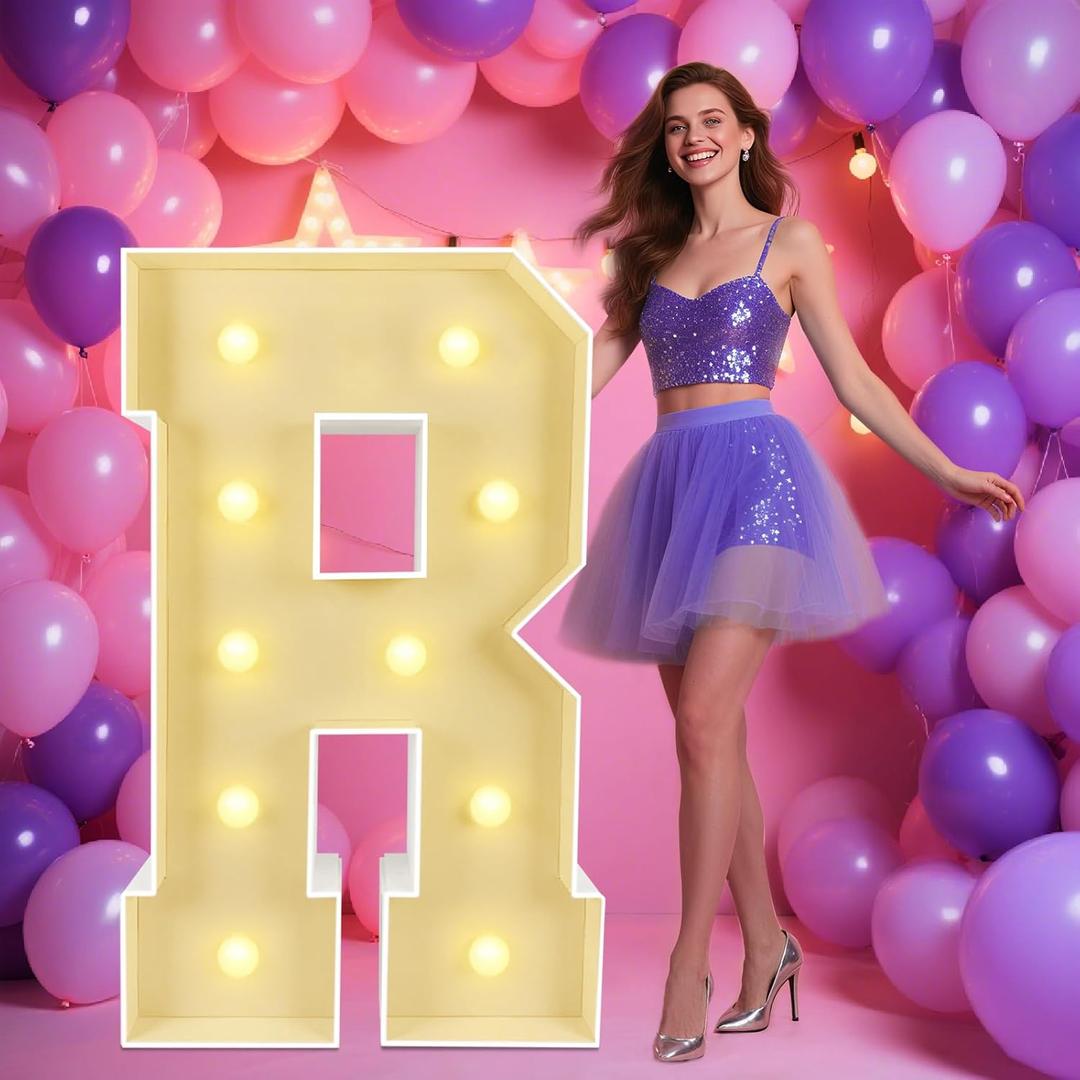 Marquee Light Up Letters: 4FT Large Decorative Signs for Party Decorations Baby Shower Birthday Wedding Engagement Anniversary, 4 Feet Tall Pre-Cut DIY Foamboard Letter R - Easy to Assemble