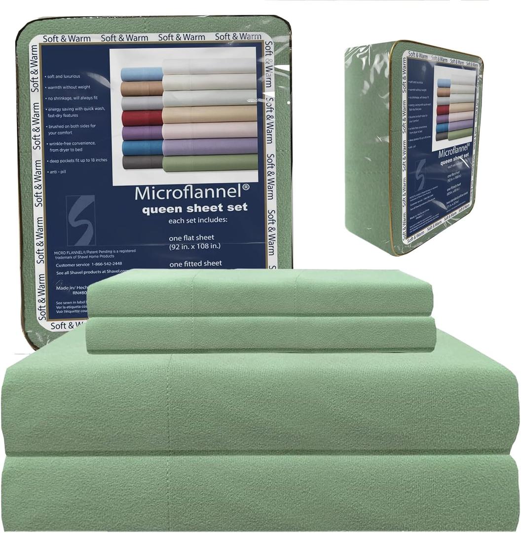Thermee Micro Flannel Sheets Set, Queen Size, 18" Deep Pocket, Fits Queen Mattresses, Machine Washable, No Pill, 2 Pillowcases (Clover)