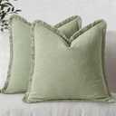 MIULEE Decorative Throw Pillow Covers Neutral Linen Fringe Throw Pillows Set of 2 Sage Green Boho Farmhouse Cushion Covers with Tassels for Couch Sofa Bed Living Room Spring Home Decor 18x18 Inch