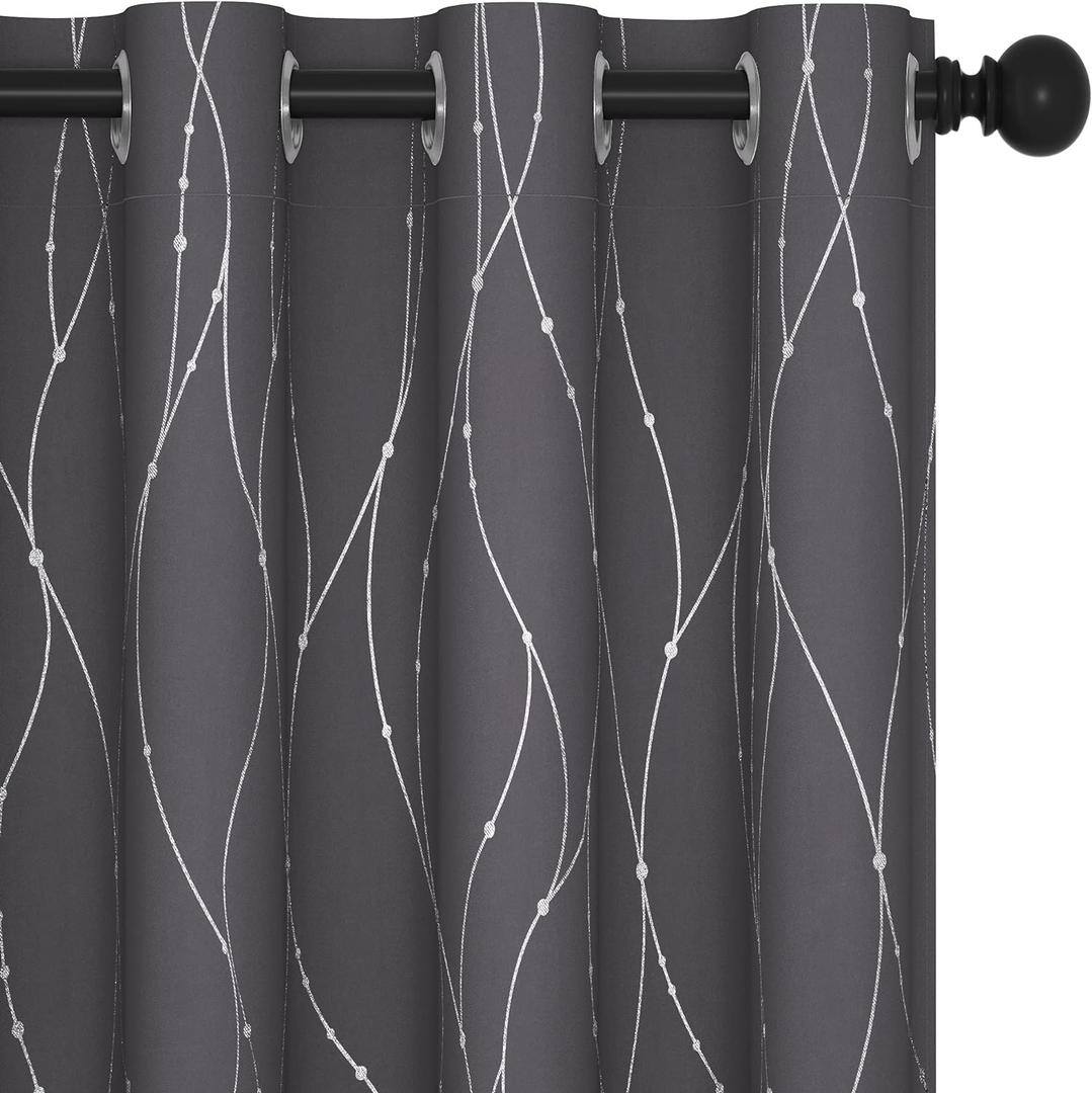 Deconovo Short Curtains Grey, Blackout Kitchen Curtain, Thermal Insulated Soundproof Drapes, Wave Dots Foil Print, 52 x 45 Inches, 2 Panels, MachineWashable Privacy Window Panel for Nursery Office