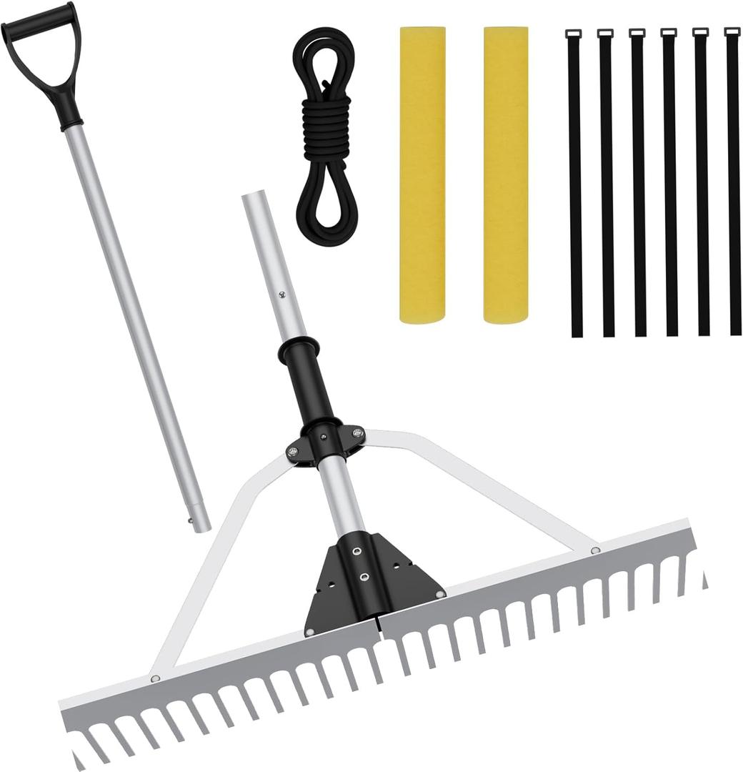 Goplus Floating Weed Lake Rake, 36" Aluminum Multifunctional Detachable Landscape Rake with Extension Handle, 20 FT Rope and Float, Weed & Algae Removal of Leaves, Floating Scum, Aquatic