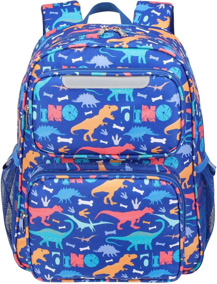 Kids Backpack for Boys Kindergarten - 15 Inch Lightweight School Bookbag fits Folder, Dinosaur Backpack for Kids 4-7 with Leakproof Insulated Pocket for Lunch and Snacks, Blue