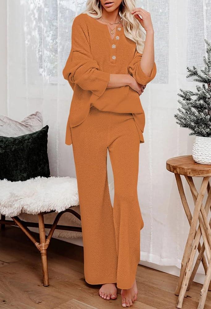 Viottiset Women's 2 Piece Outfits Sweatsuit Knit Long Sleeve Sweater Wide Leg Pants Loungewear XL