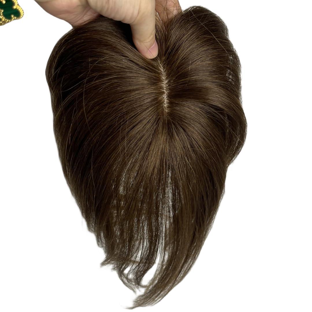 Anemone 10 inch Middle Part Straight Real Human Hair Topper Small Thin Clip in Hair Air Bangs for Mild Hair Loss Red Tone (Warm Brown)