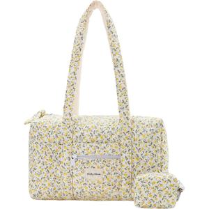 Molly Moon Top Zipper Floral Quilted Duffle Bag for Women, Yellow Quilted Small Floral Tote Bags with Coin Purse, Cute Cotton Shoulder Bag for Travel, Work, School