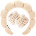 Zkptops Spa Headband for Women Sponge Makeup Skincare Headband Washing Face Wristband Set Terry Cloth Bubble Soft Get Ready Hairband Puffy Padded Headwear Non Slip Thick Hair Accessory(Beige)