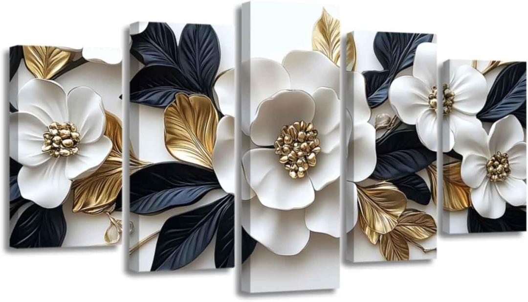 XLMDYYSW Large Canvas Wall Art for Living Room 5 Pieces White and Gold Flower Picture Botanical Floral Print Painting Modern Artwork for Bedroom Decor Framed (8x14inx2 8x18inx2 8x22inx1)