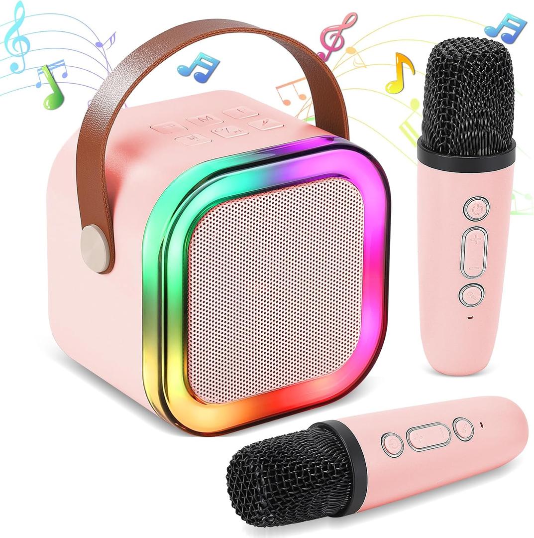 Mini Karaoke Machine, Portable Bluetooth Karaoke Speaker with 2 Wireless Microphones and Light for Family Home Party,Toys for Girls Boys Friends Age 3-12+ Kids and Adults Birthday Gifts.(Pink)