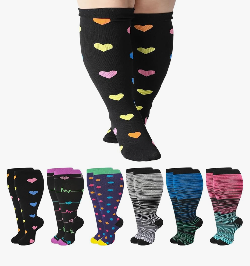 Jspupifip 5 Pairs Plus Size Compression Socks for Women Wide Calf Extra Large Knee High Support for Travel Yoga Running Circulation.XXL