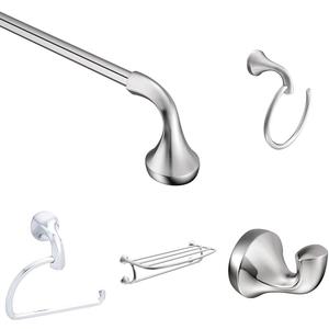 Bundle of Moen Eva Collection Chrome 24" Towel Bar, YB2824BN, 26" Towel Ring, YB2886CH, Robe Hook, YB2803CH, Towel Shelf, YB2894CH, and Toilet Paper Holder, YB2808CH