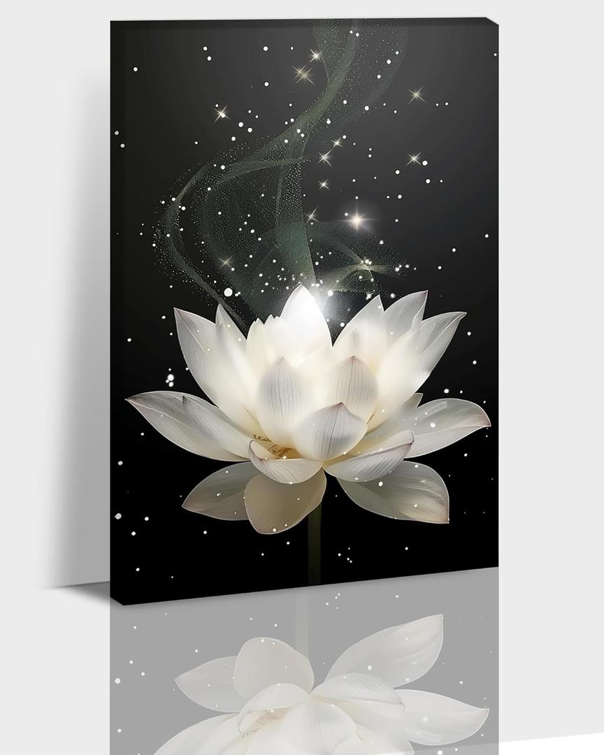 Zen Wall Art, White Lotus Flower Canvas Art Print for Spa Bathroom Decor, Modern Calming Floral Pictures Wall Decor, Calming Water Painting Framed Artwork for Yoga Meditation Room Decor 18x24 Inches