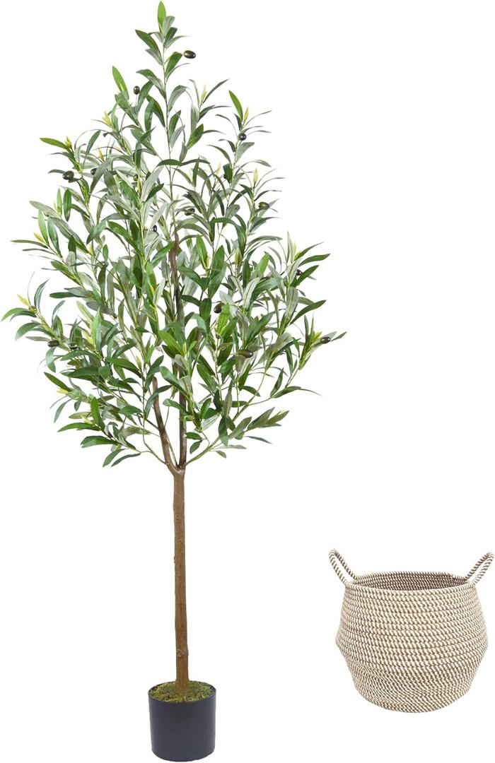 Warmplants Artificial Olive Tree, 5ft Tall Fake Olive Leaves Plant with Basket, Indoor Outdoor Faux Olive Topiary Silk Tree for Home Livingroom Office House Dcor