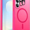 Ezanmull for Samsung Galaxy S25 FE Case Magnetic Shockproof, [Fit for MagSafe] [Glass Screen Protector + Camera Lens Protector] Translucent Anti-Fingerprint (Hot Pink)