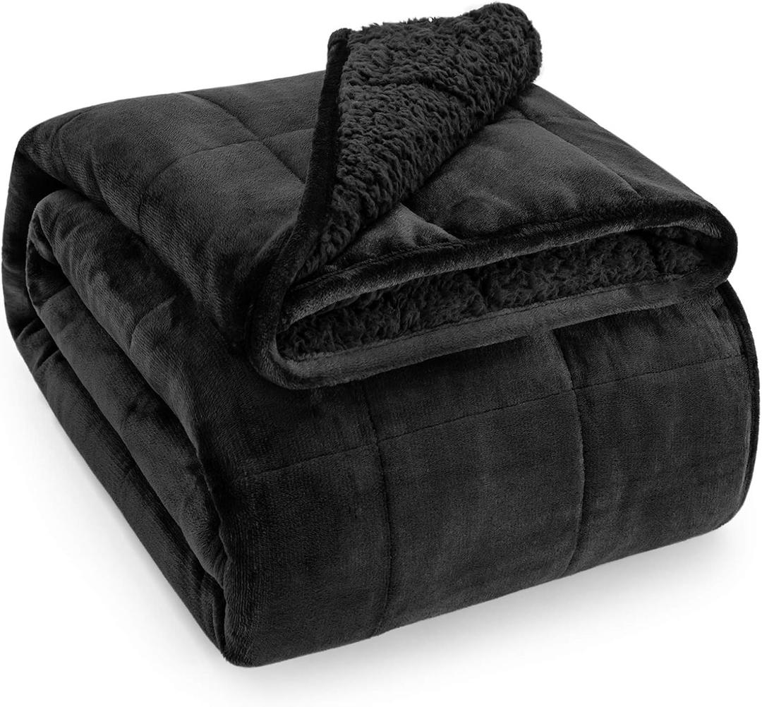Wemore Sherpa Fleece Weighted Blanket for Adult 15 lbs Dual Sided Cozy Fluffy Heavy Blanket,Ultra Fuzzy Throw Blanket with Soft Plush Flannel Top,48 x 72 inches, Black on Both Sides
