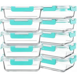 KOMUEE 10 Packs 30 oz Glass Meal Prep Containers,Glass Food Storage Containers with Lids,Airtight Lunch Bento Boxes,Microwave, Oven, Freezer and Dishwasher, Green