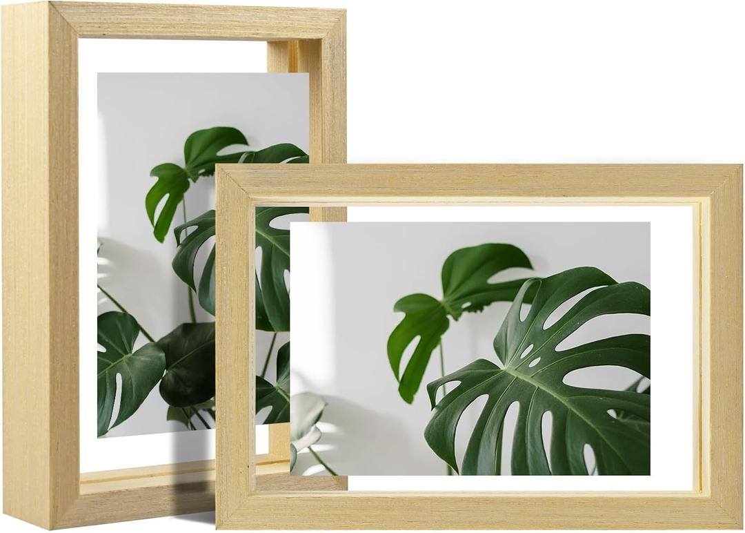 Egofine 4x6 Floating Frames Set of 2, Double Plexiglass Picture Frame, Made of Solid Wood Display Any Size Photo up to 4x6, Wall Mount or Tabletop Standing, Natural Wood
