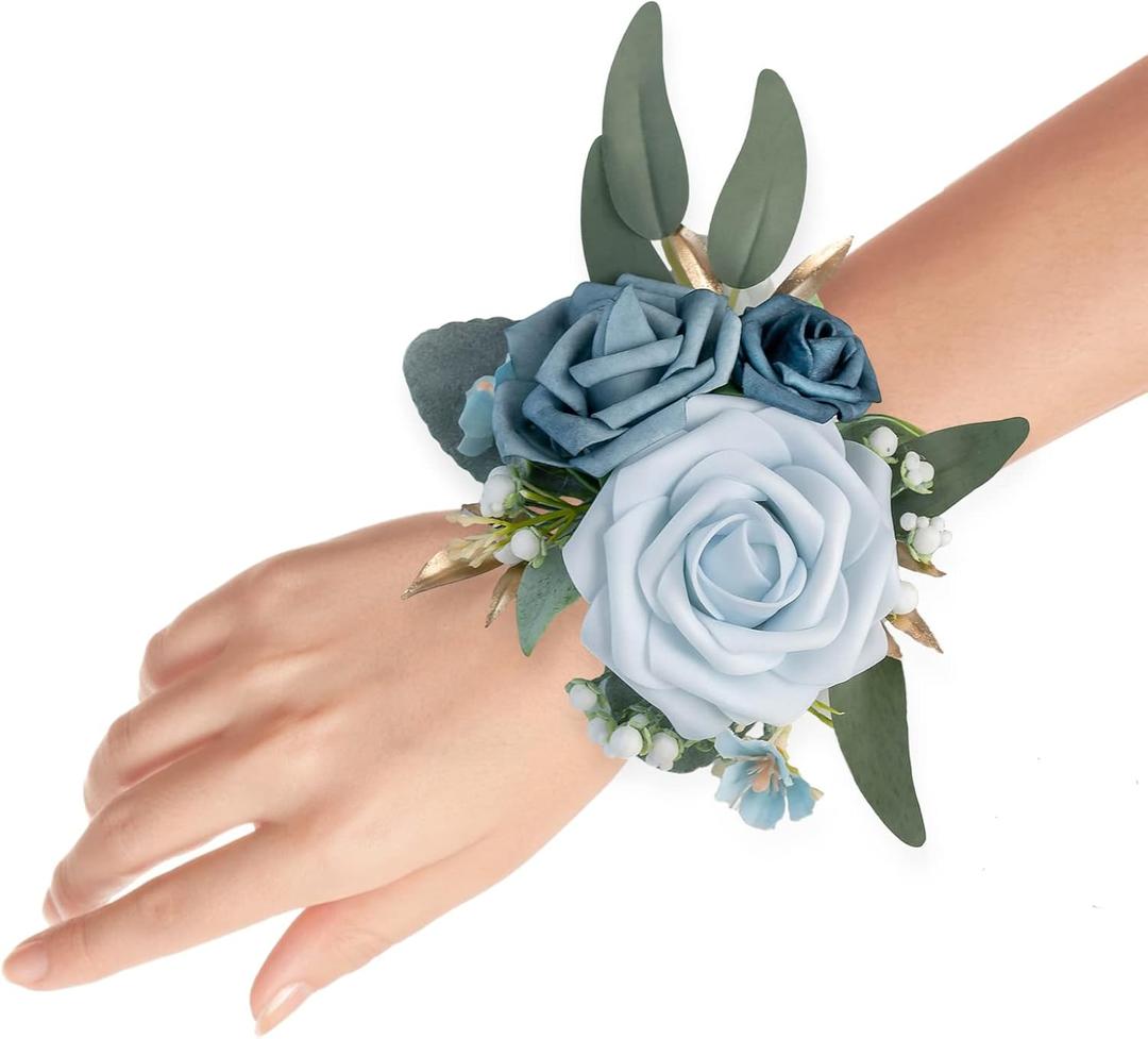 Set of 2 Wrist Corsage Wristlet for Wedding Bridesmaid Mother Grandmother for Bridal Shower Wedding Artificial Roses Flower Prom (Dusty Blue)