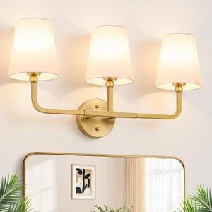 MOKATNG Bathroom Light Fixtures, 3-Light Brushed Gold Vanity Lights, Bathroom Lighting Fixtures Over Mirror with Flared White Fabric Shade, Modern Wall Sconces for Living Room Hallway