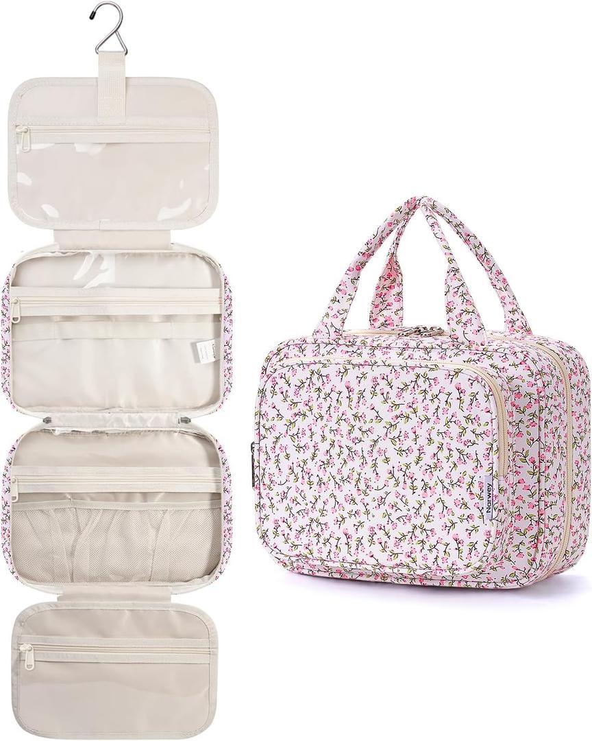 Narwey Hanging Toiletry Bag for Women Travel Makeup Bag Organizer Toiletries Bag for Travel Size Essentials Accessories Cosmetics (Pink Flower (Medium))