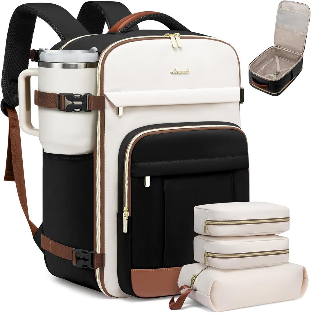 LOVEVOOK 40L Travel Backpack for Women & Men - 17.3 Inch Carry On Backpack & Personal Item Backpack for Airlines, Spacious and Durable Design, with 3 Packing Cubes (Large-40L-4Pcs, Black-beige-brown)