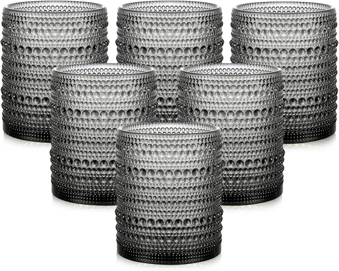 Vintage Glassware Drinking Glasses Set of 6,12 oz Hobnail Glass Cups,Embossed Grey Water Tumbler,for Beer,Cocktail,Whiskey,Juice and Various Mixed Drinks- 1 Cleaning Brush (Gray)