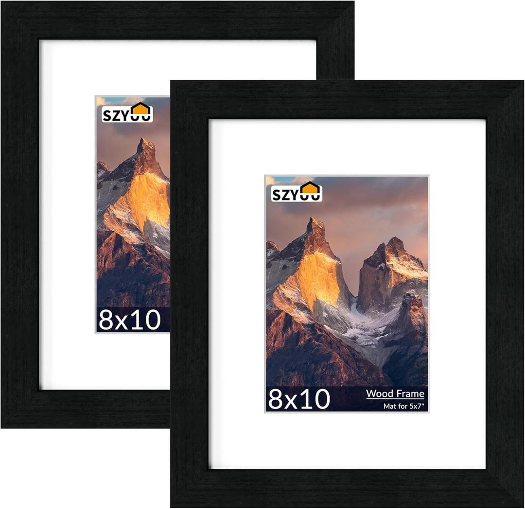 8x10 Picture Frame Set of 2 - Wood Frame with Real Glass, Display 5x7 with Mat or 8x10 without Mat, Photo Frame for Wall or Tabletop Display (Matte Black)