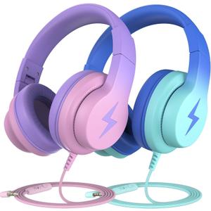 Bila Kids Headphones, Wired Over Ear Headphones with Microphone, Volume Limiter for Girls & Boys, Foldable for Learning & Entertainment (Gradient Blue, Gradient Purple)